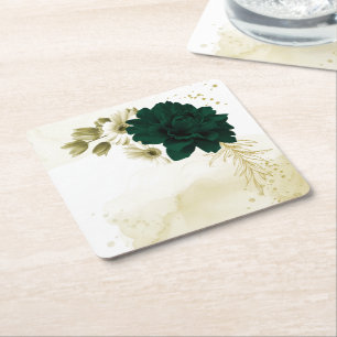 Amazing emerald green ivory gold flowers square paper coaster