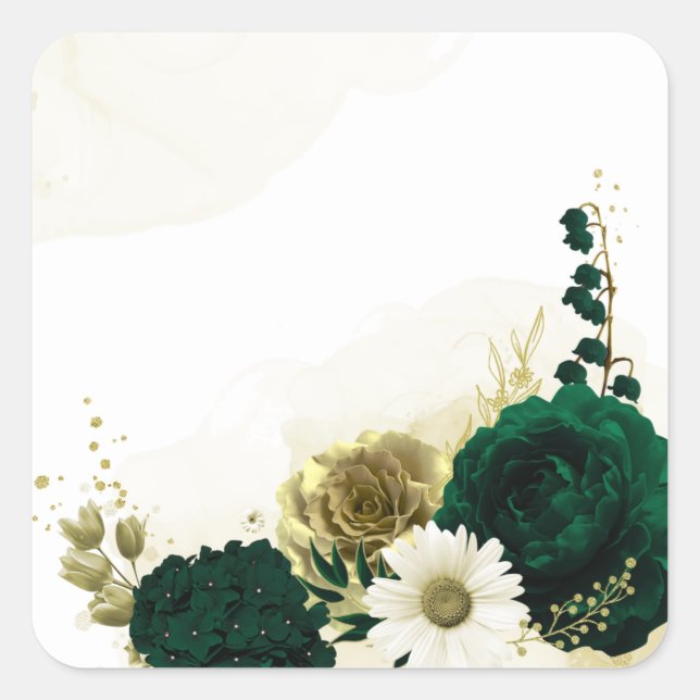 Amazing emerald green ivory gold flowers square sticker (Front)