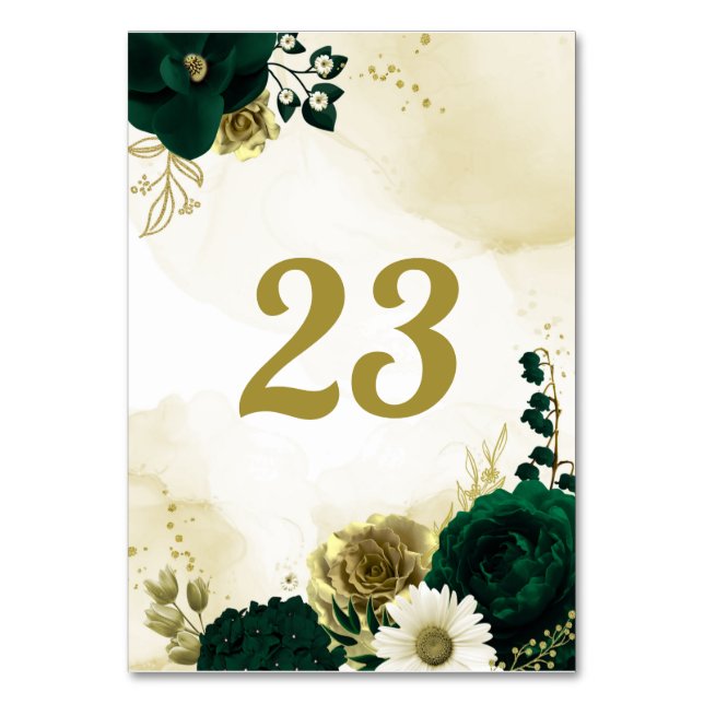 Amazing emerald green ivory gold flowers  table number (Front)