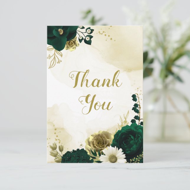 Amazing emerald green ivory gold flowers thank you card (Standing Front)