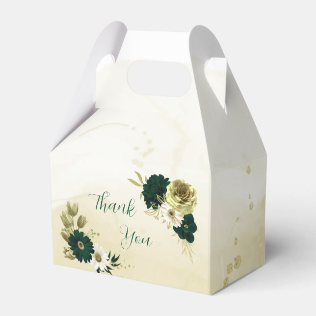 Amazing emerald green ivory gold flowers wedding favour box (Front Side)