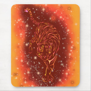 Amazing Fire Tiger Running At Galaxy Starry Night Mouse Mat