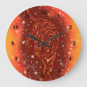 Amazing Fire Tiger Running In Galaxy Starry Night Large Clock