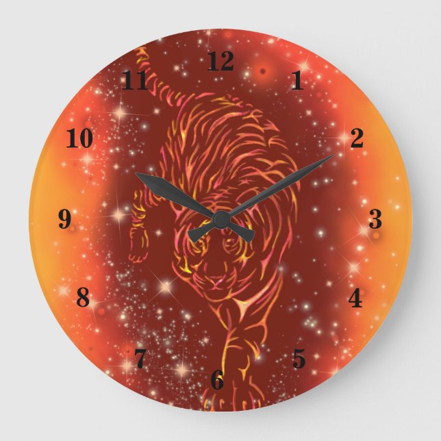 Amazing Fire Tiger Running In Galaxy Starry Night  Large Clock (Front)