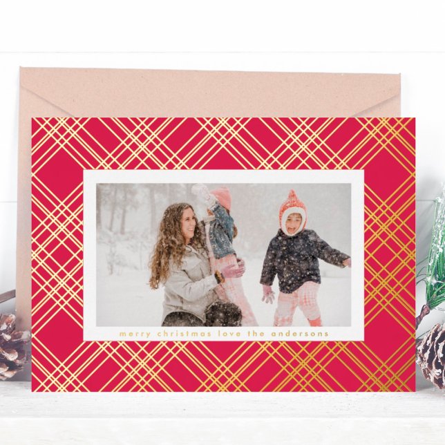 Amazing Gold Lines Christmas Gingham Photo Frame Foil Holiday Card (Creator Uploaded)