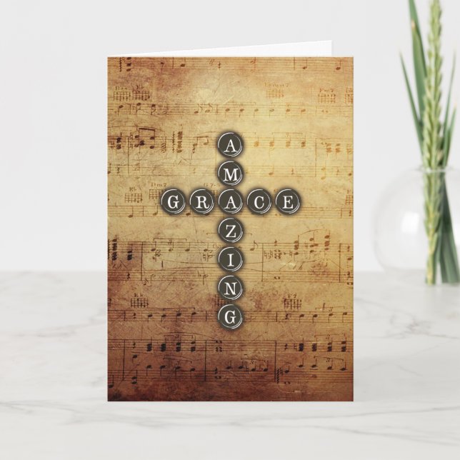Amazing Grace Cross on Vintage Music Sheet Card (Front)