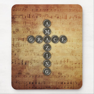 Amazing Grace Cross on Vintage Music Sheet Mouse Mat