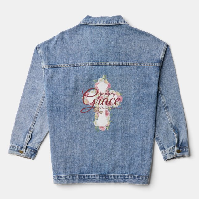 Amazing Grace  floral cross Denim Jacket (Back)