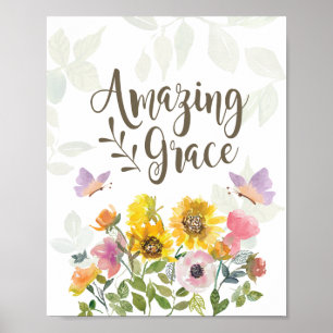 Amazing Grace Flowers and Butterflies Christian  Poster