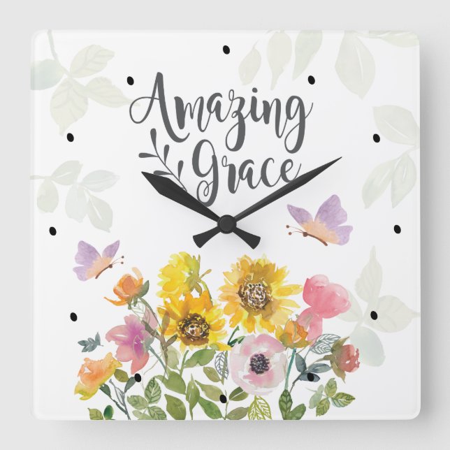 Amazing Grace Flowers and Butterflies Christian Square Wall Clock (Front)