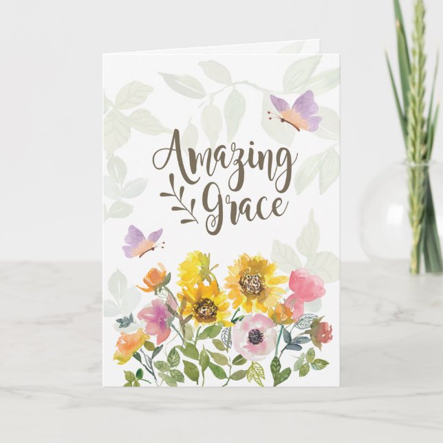 Amazing Grace Flowers and Butterflies Scripture Card (Front)