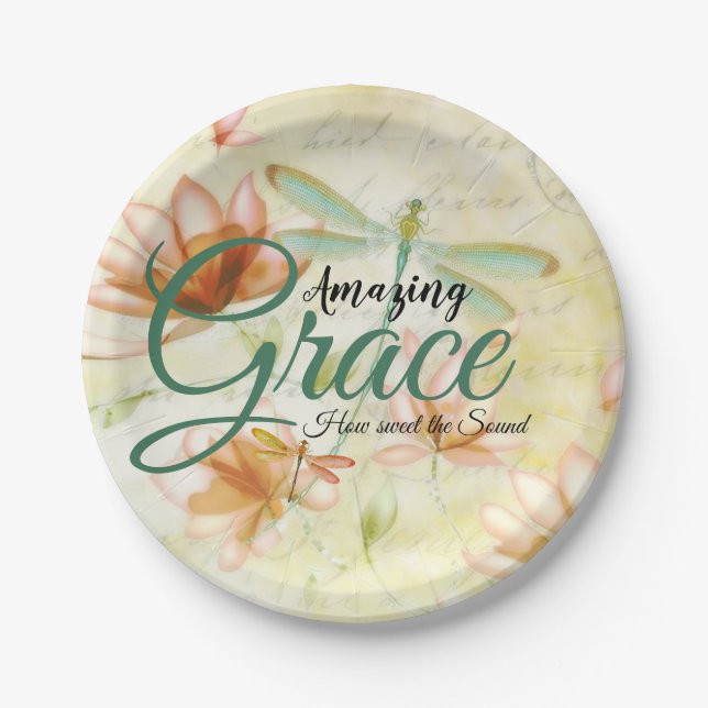 Amazing Grace Flowers and dragonfly   Paper Plate (Front)