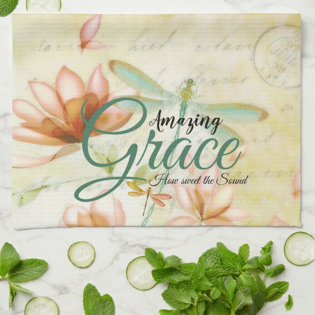 Amazing Grace Flowers and dragonfly   Tea Towel (Folded)