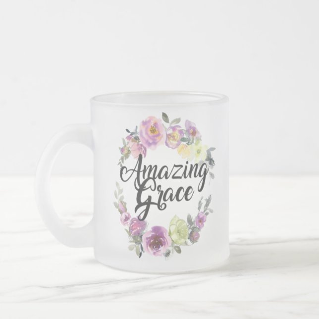 Amazing Grace How Sweet The Sound Floral Frosted Glass Coffee Mug (Left)