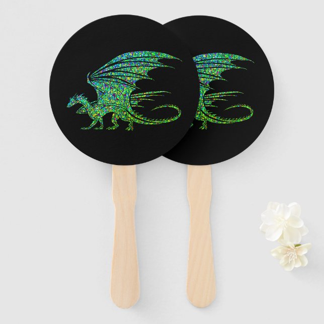 Amazing Green Mosaic Dragon  Hand Fan (Front and Back)