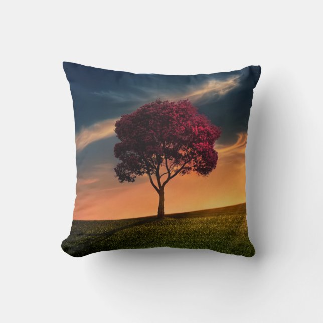 Amazing Landscape with a Red Tree at Sunset Cushion (Front)