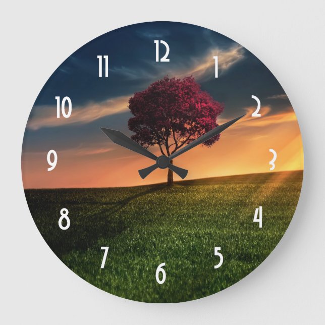 Amazing Landscape with a Red Tree at Sunset Large Clock (Front)