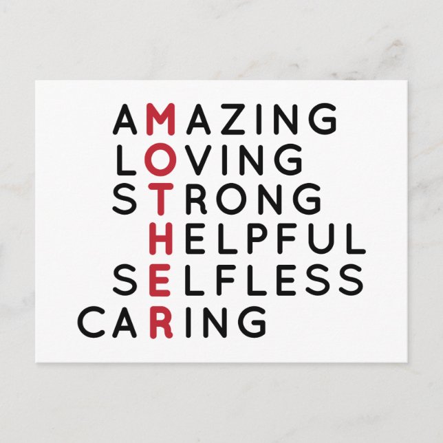 Amazing Loving Strong Helpful Selfless Caring Mum  Postcard (Front)
