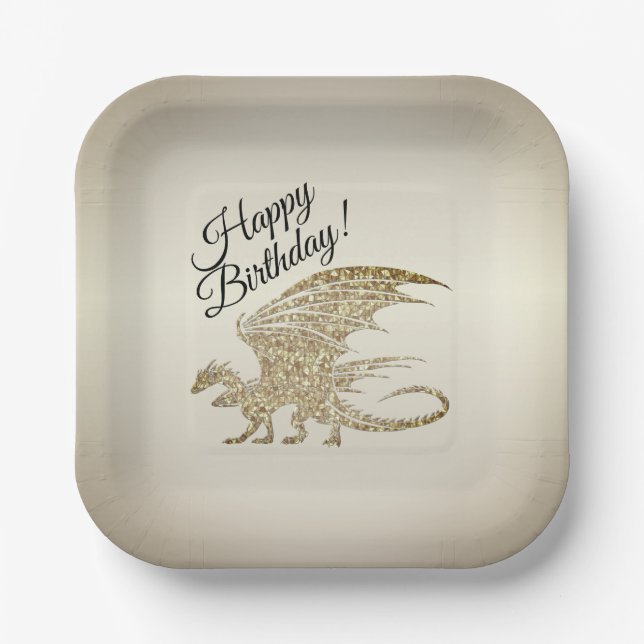 Amazing Mosaic Dragon Golden Birthday Paper Plate (Front)