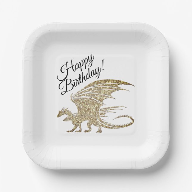 Amazing Mosaic Dragon Golden Birthday Paper Plates (Front)