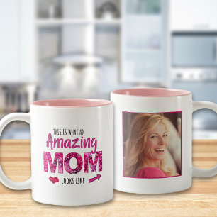 Amazing Mum Custom Photo Pink Floral Birthday Gift Two-Tone Coffee Mug