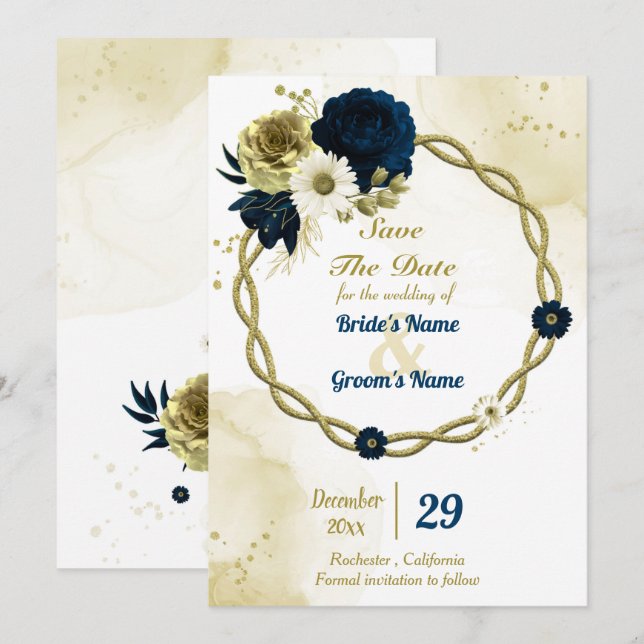 Amazing navy blue ivory floral gold wreath save the date (Front/Back)