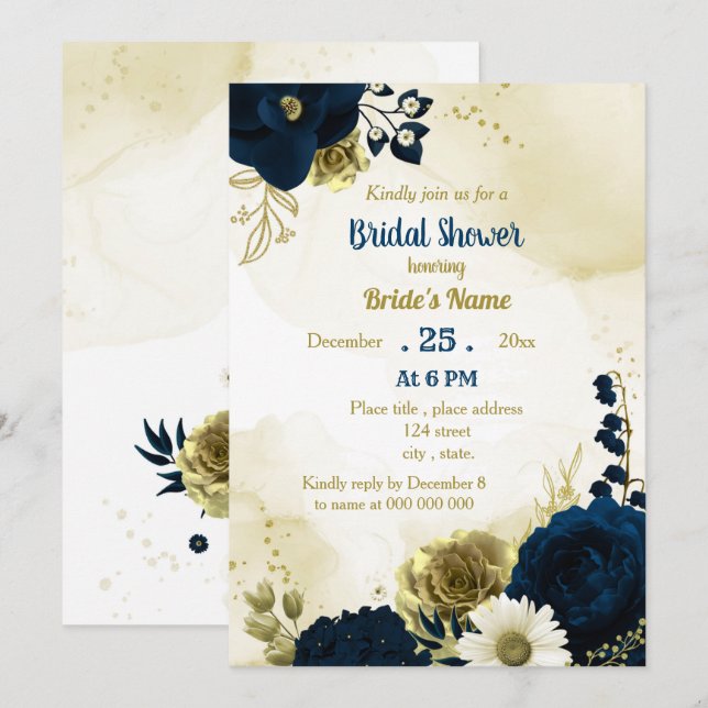 Amazing navy blue ivory flowers gold bridal shower invitation (Front/Back)