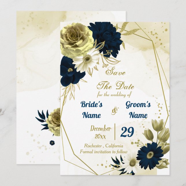 Amazing navy blue ivory flowers gold geometric save the date (Front/Back)