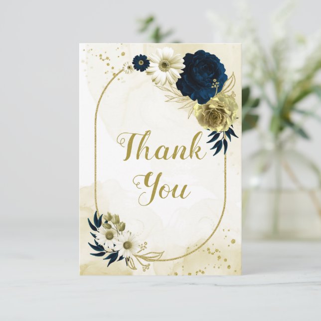 Amazing navy blue ivory flowers gold geometric thank you card (Standing Front)