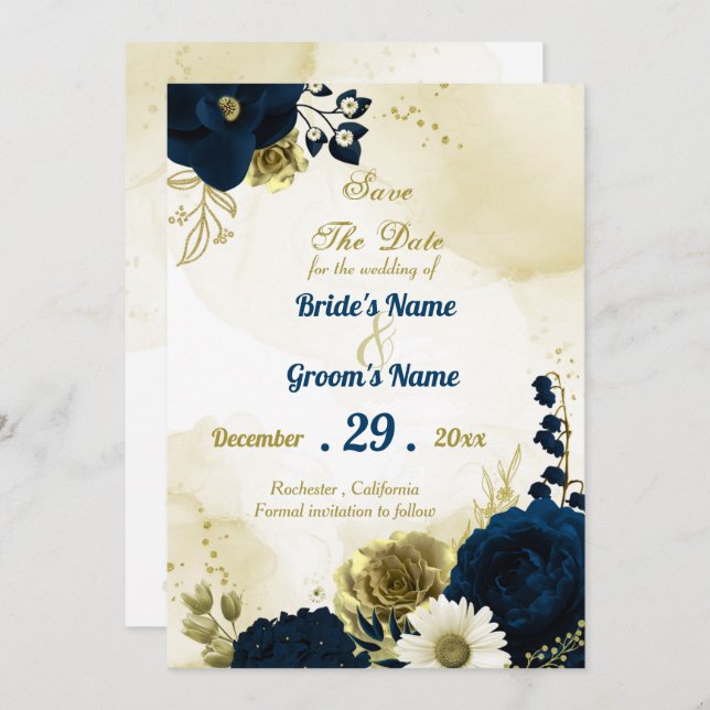 Amazing navy blue ivory flowers gold  save the date (Front/Back)
