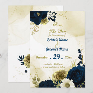 Amazing navy blue ivory flowers gold  save the date