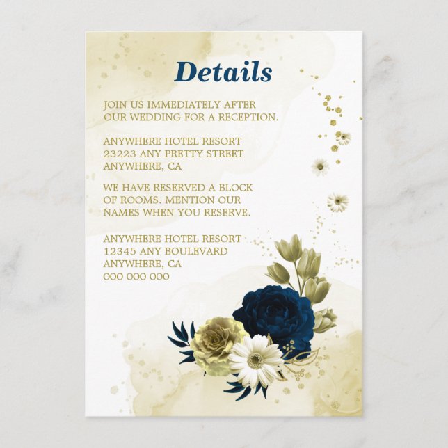 Amazing navy blue ivory gold flowers enclosure card (Front)