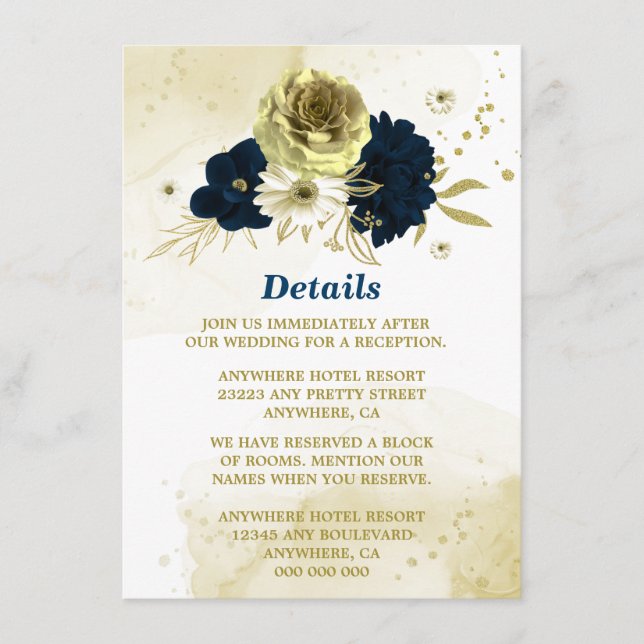 Amazing navy blue ivory gold flowers enclosure card (Front)