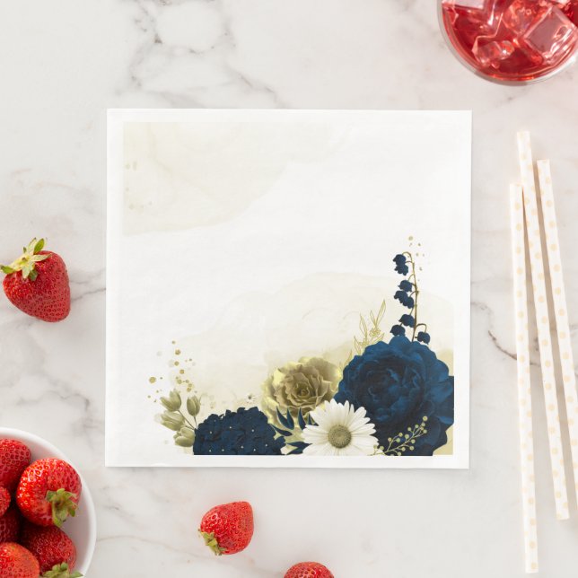Amazing navy blue ivory gold flowers napkin (Insitu)