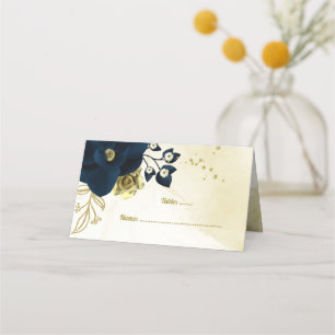 Amazing navy blue ivory gold flowers place card