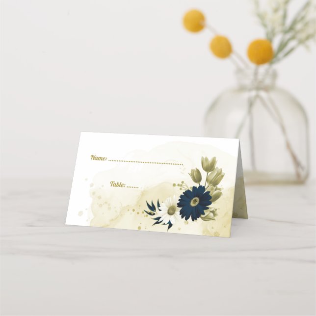 Amazing navy blue ivory gold flowers  place card (Front)