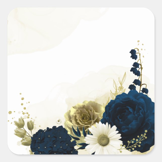 Amazing navy blue ivory gold flowers square sticker (Front)