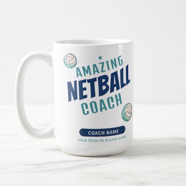 Amazing Netball Coach Personalised Name Coffee Mug (Left)