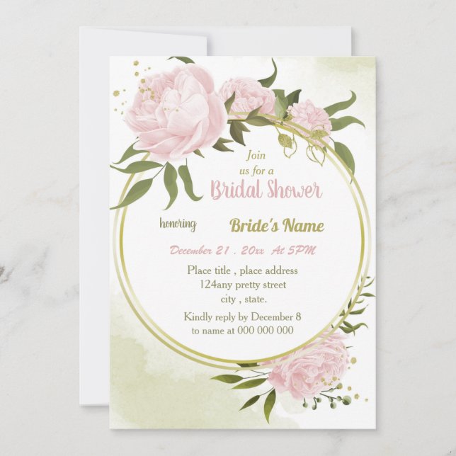  amazing pink flowers gold wreath bridal shower invitation (Front)