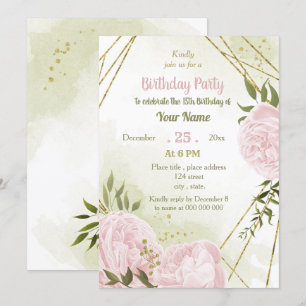 amazing pink flowers greenery birthday party invitation