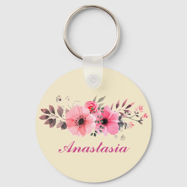 Amazing Pink Flowers with your name Key Ring (Front)