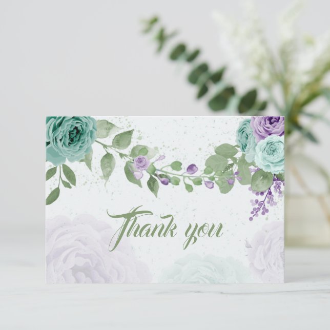 amazing purple blue flowers greenery botanical tha thank you card (Standing Front)