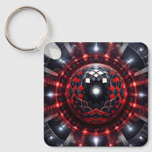 Amazing Red/Black Checkered Mandelbrot Starbursts Key Ring