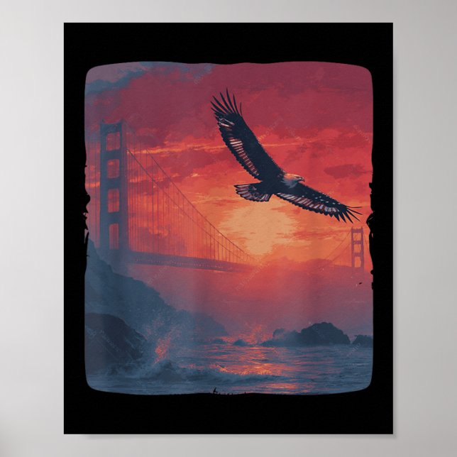 Amazing Red Sunset With Bridge And Patriotic Eagle Poster (Front)