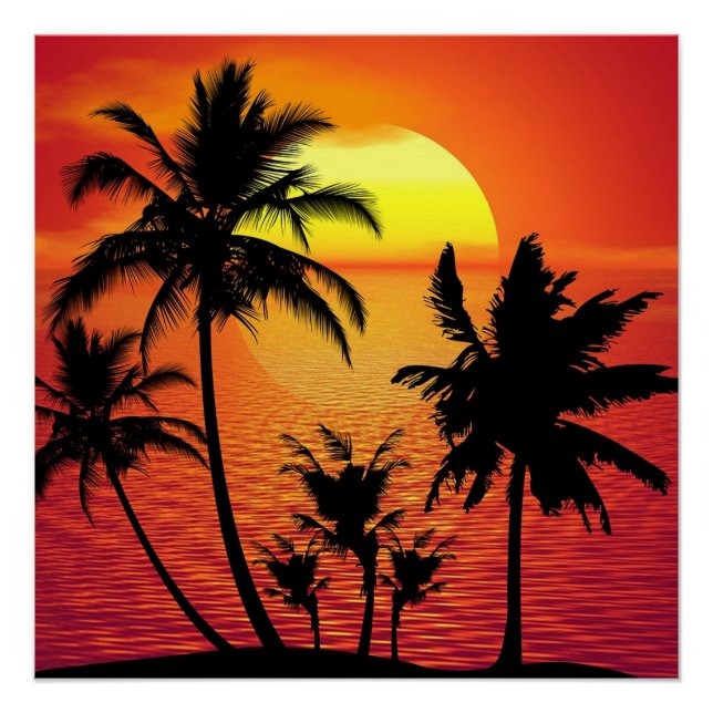Amazing sunset with palms on tropical beach poster (Front)