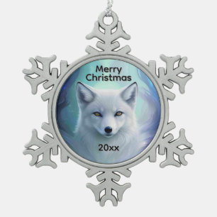 Amazing White Snow Fox on Icy Land Christmas Year Snowflake Pewter Christmas Ornament