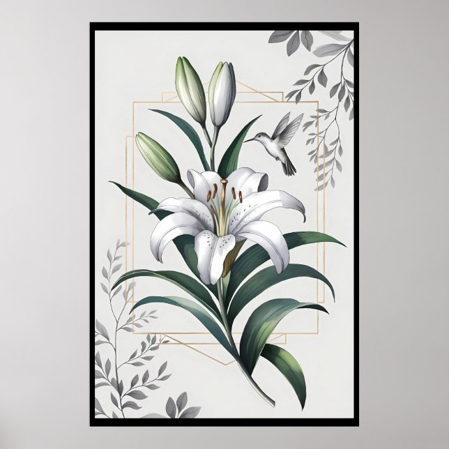 Amazon Lily & Hummingbird – Dewdrop & Gold Poster (Front)