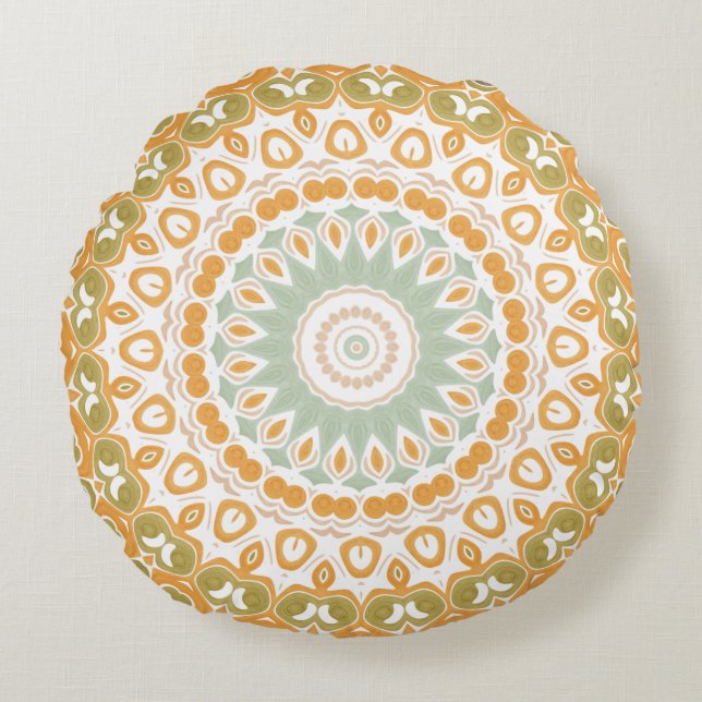 Amber and Olive Radiant Mandala Pattern Round Cushion (Front)