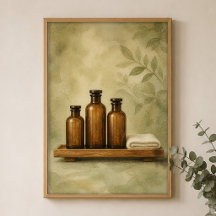 Amber Bottles on Teak Watercolour Farmhouse Poster