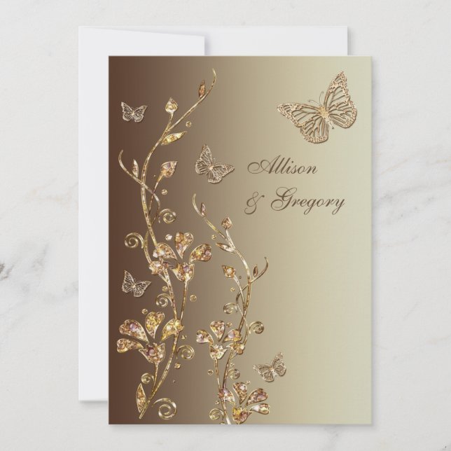 Amber, Brown Floral Butterflies Wedding Invitation (Front)